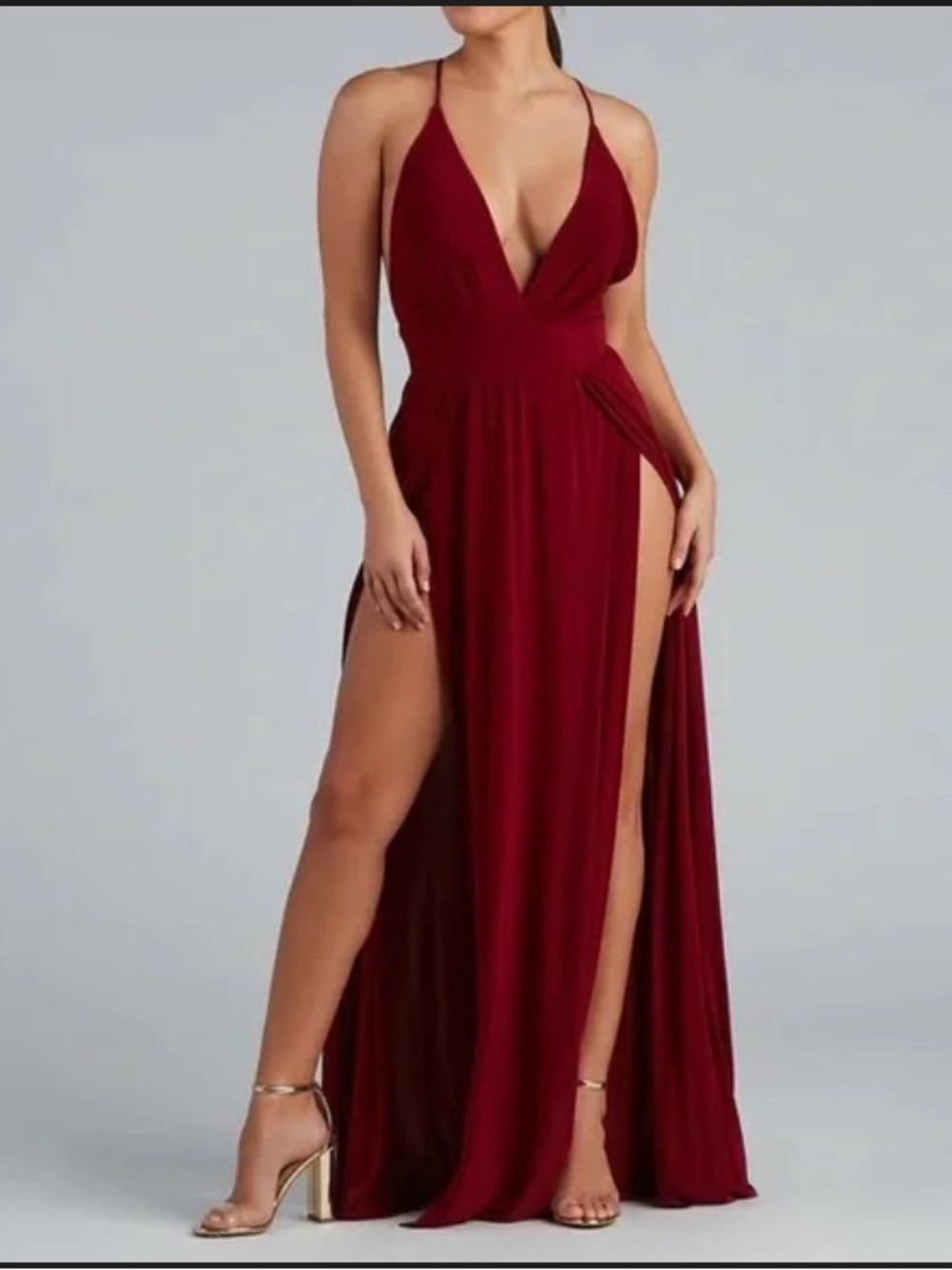 Burgundy Plunge Maxi Dress with Double High Slits by Windsor - Picture 1 of 7